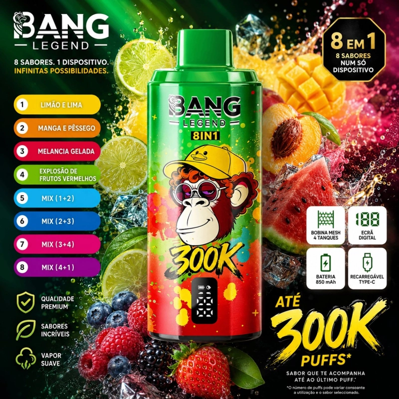 Bang Legend 8 IN 1 300000 Puffs Vape Descartável, 8 Sabores Cor Verde
