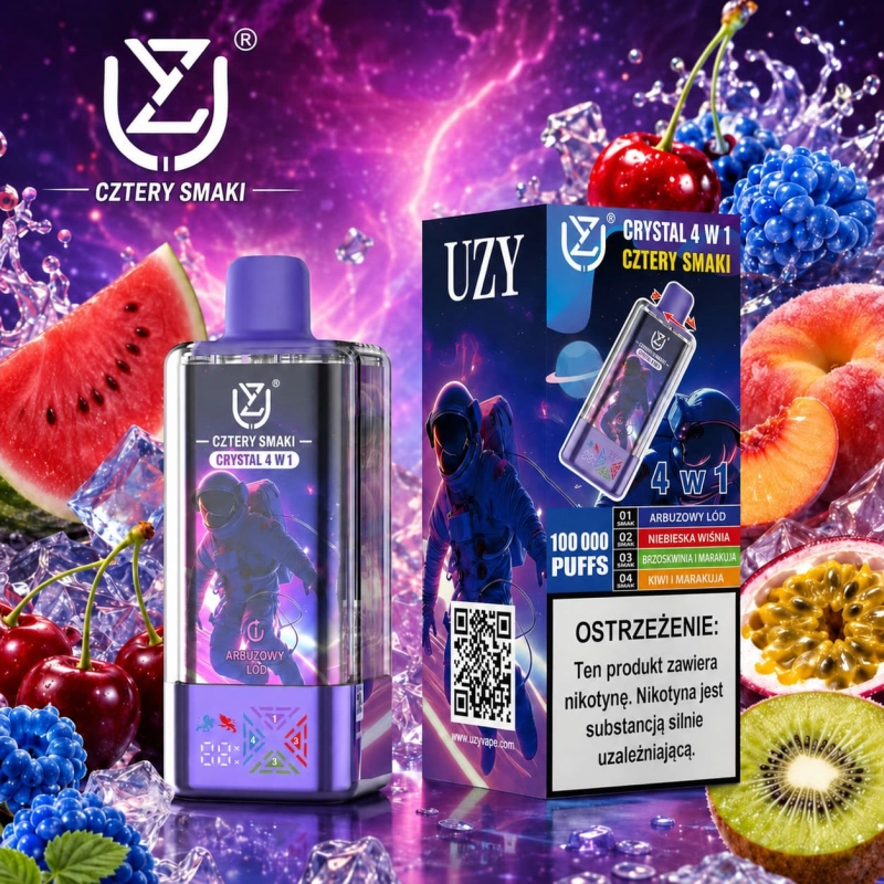 UZY Crystal 100K 4w1 – mieszanka leśnych owoców, marakuja z kiwi i limonką, żurawina z winogronem oraz truskawka z kiwi