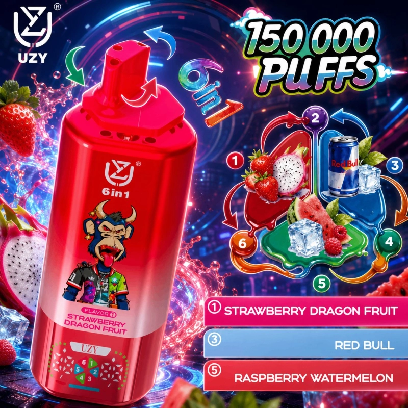 UZY 6 in 1 150000 Puffs Disposable Vape, Strawberry Dragon Fruit Red