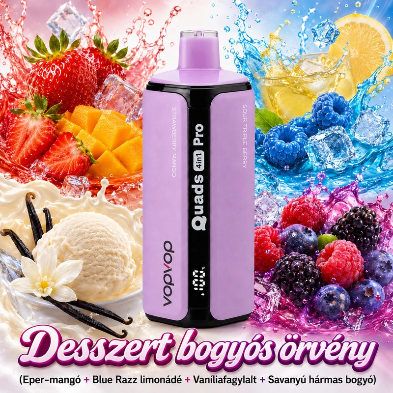 Desszert bogyós örvény – eper-mango, Blue Razz limonádé, vanília fagylalt és savanyú bogyós mix VopVop Quads Pro