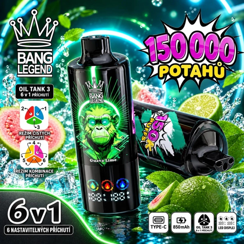 Srovnání BANG LEGEND 150K 6v1 s běžnou jednorázovou e-cigaretou — 150 000 potahnutí, 6 příchutí, 3 nádržky