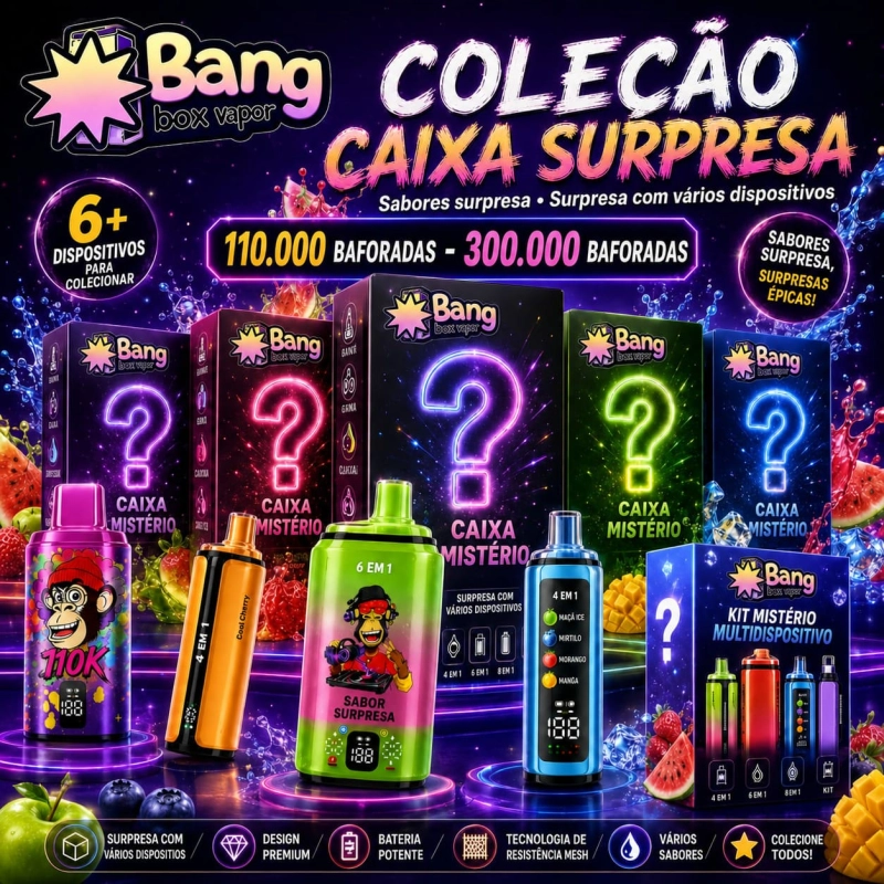 Coleção Mystery Box Bangbox-Vapor com diferentes caixas surpresa, marcas, modelos e sabores