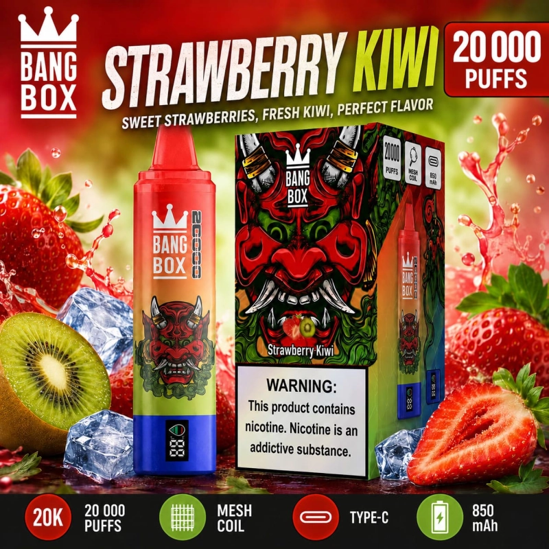 Bang Box 20000 Puffs rechargeable vape in Strawberry Kiwi flavor with strawberry and kiwi fruit imagery