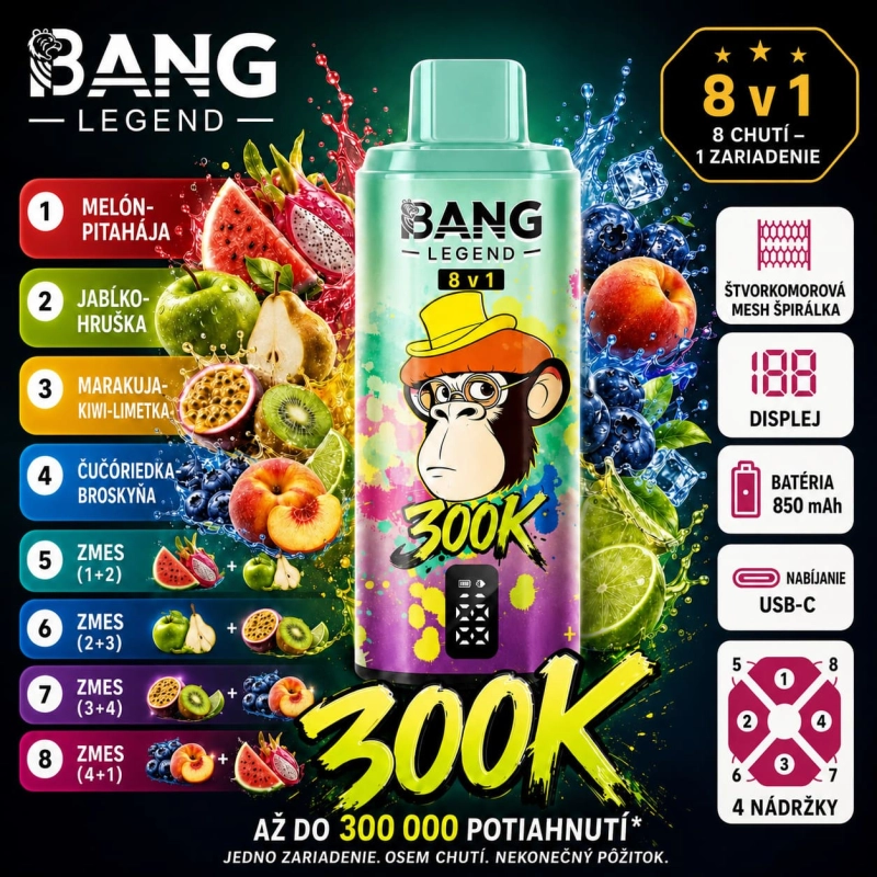 Bang Legend 300K 8v1 príchuť Candy Romance Mix – sladké cukríky, lesné ovocie, jahoda a limetka vape