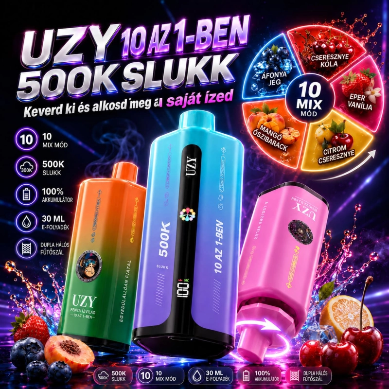UZY 500K Penta Flavor 10 az 1-ben vape – 5 különálló íz és 5 mix mód, 500K slukk
