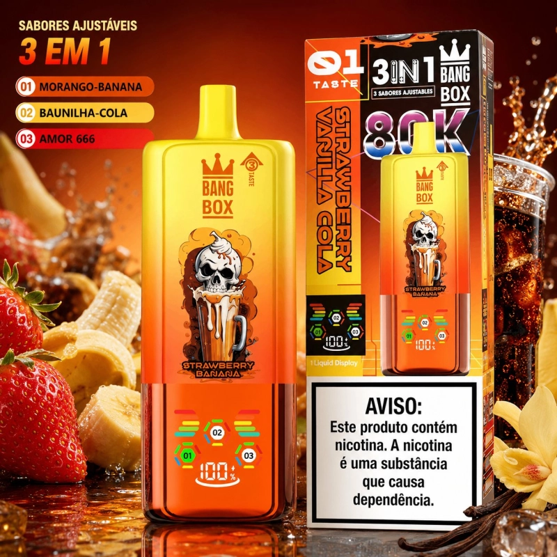 Bang Box 3 IN 1 80000 Puffs Pod Descartável, Morango Banana Baunilha Cola