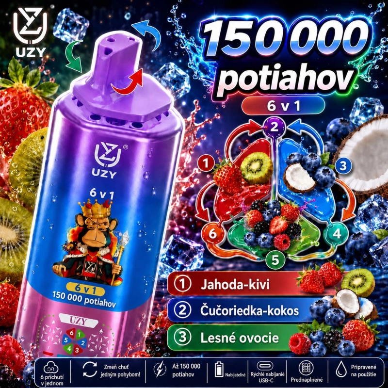 UZY 150 000 potiahnutí 6 v 1 – kombinácia príchutí jahoda s kiwi, čučoriedka s kokosom a lesné ovocie