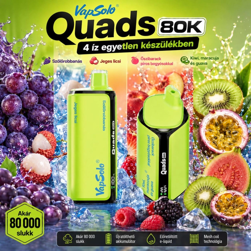 Vapsolo Quads 80K 4 az 1-ben eldobható vape – szőlőrobbanás, jeges licsi, barack-bogyós és kiwi-maracuja-guáva ízek