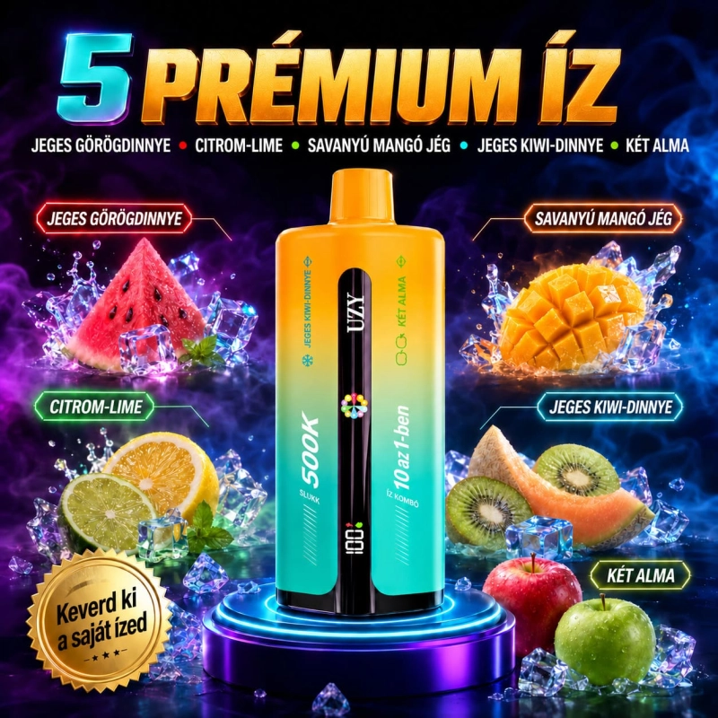 UZY 500K vape 5 gyümölcsös ízzel – görögdinnye, lime, savanyú mangó, kiwi-dinnye és alma