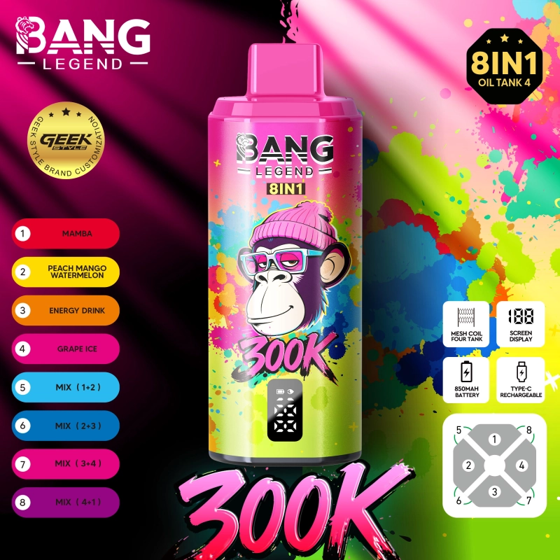 Bang Legend 300K 8-in-1 Flavors Disposable Vape – Több ízű, 300 000 szippantásos élmény1. mamba+őszibarack mangó görögdinnye+energiaital+szőlő jég