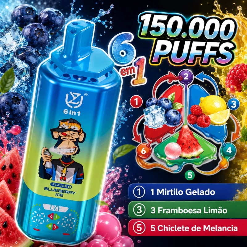 UZY 6 em 1 150000 Puffs Pod Descartável, Mirtilo Gelado