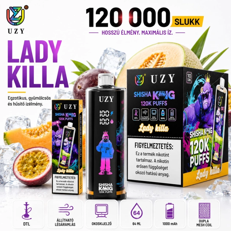 Lady Killer – UZY Shisha King 120K vape egzotikus gyümölcs mix íz 120 000 slukk LED kijelző