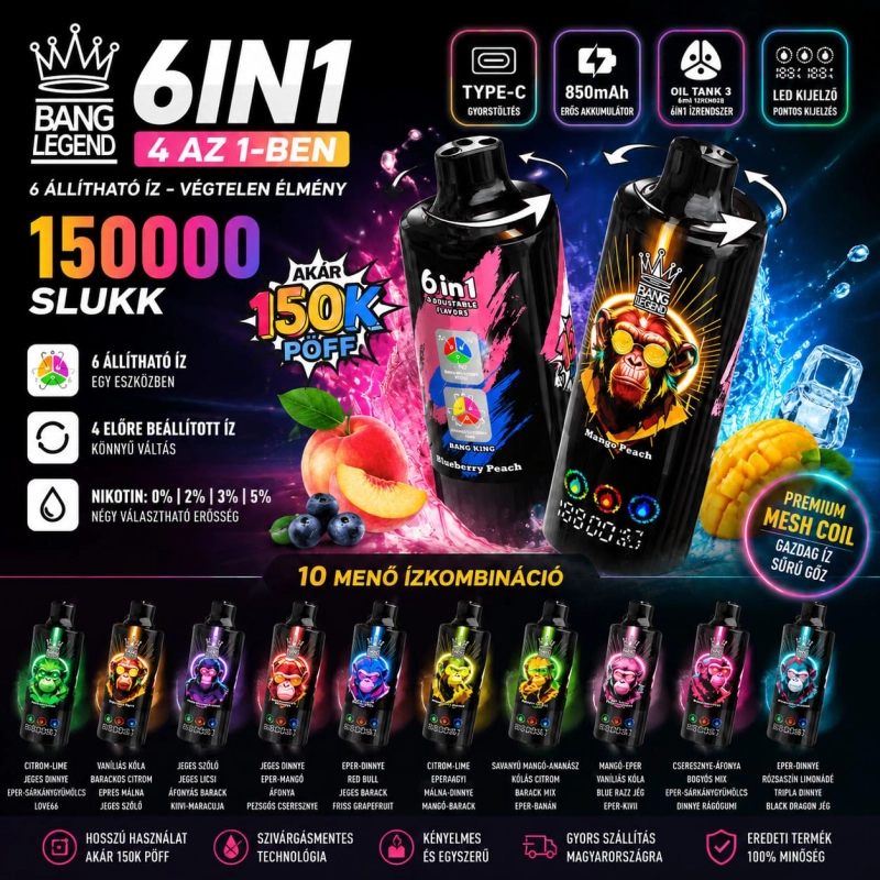 Bang Legend 150K eldobható vape – 6 íz egy készülékben, 150 000 slukk, USB-C újratölthető e-cigi Magyarország