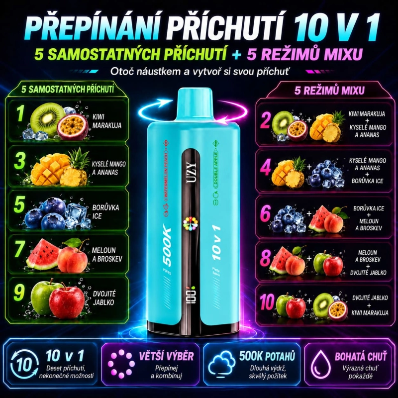 UZY vape příchutě kiwi, mango, ananas, borůvka a dvojité jablko