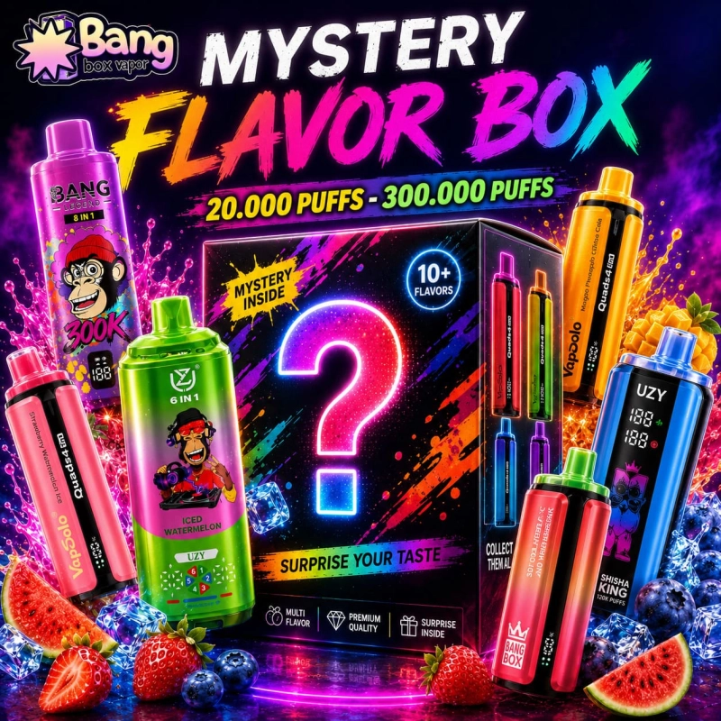 Mystery Flavor Box with surprise random vape devices and mixed flavors from 110K to 300K puffs