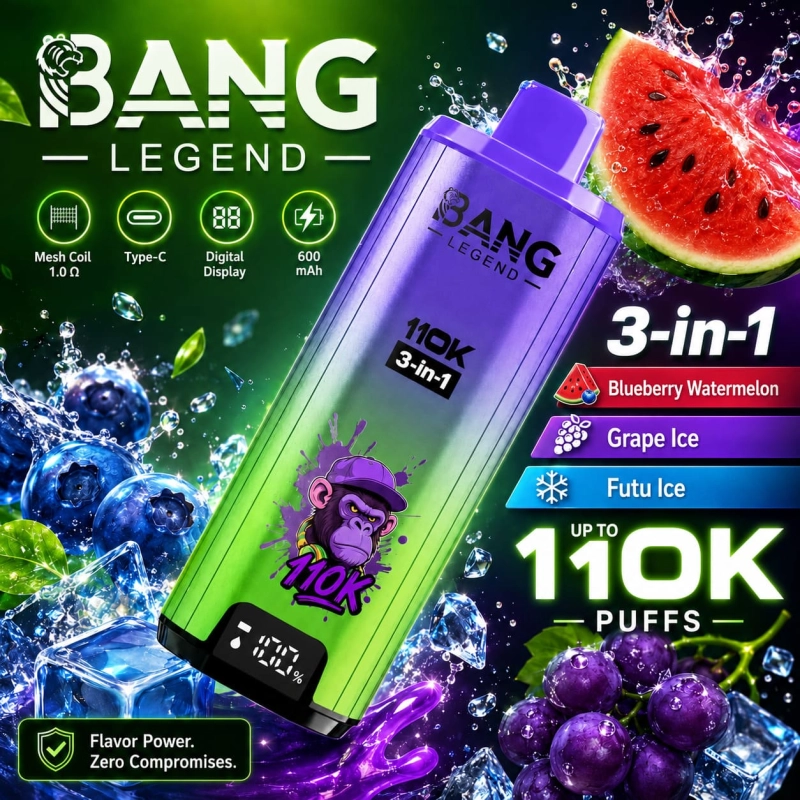 Bang Legend 110K 3-in-1 disposable vape – Energy Drink, Apple Grape and Mango Peach Apricot flavor set