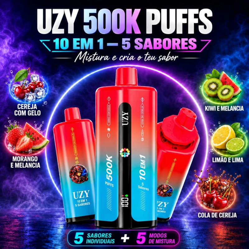 UZY 500K Penta Flavor 10 em 1, dispositivo vape vermelho e azul com cinco sabores e seleção através do bocal rotativo.