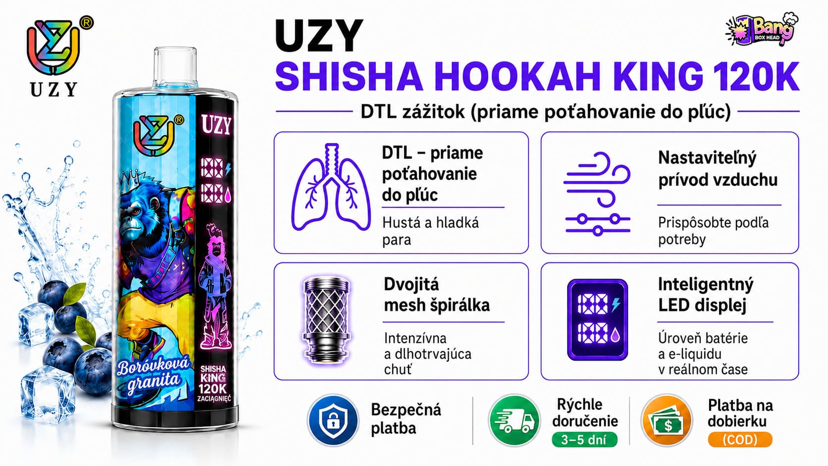 UZY Shisha Hookah King 120K DTL vape – nastaviteľný prívod vzduchu, dvojitá mesh špirálka a LED displej