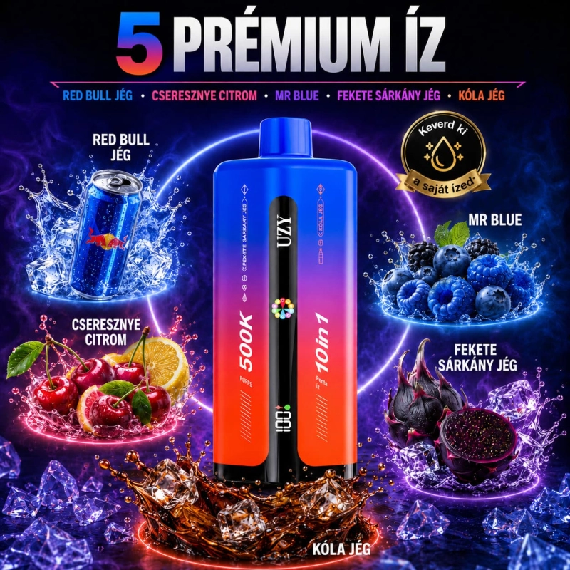 UZY 500K vape készülék 5 erőteljes ízzel – Red Bull Ice, citrom-cseresznye, Mr Blue, Black Dragon Ice, jeges kóla