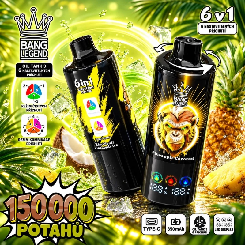 Žlutá jednorázová vape BANG LEGEND 150K 6v1 s příchutěmi Pineapple Coconut a Kiwi Fruit Pineapple Ice