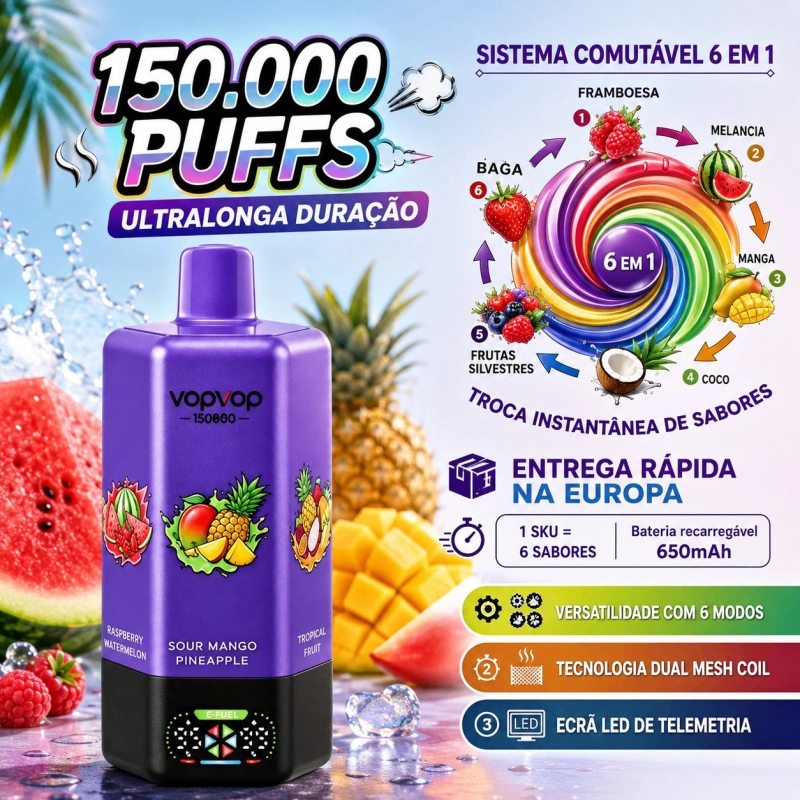 VopVop 6 em 1 150.000 Puxadas Vape Descartável, Multisabores Roxo