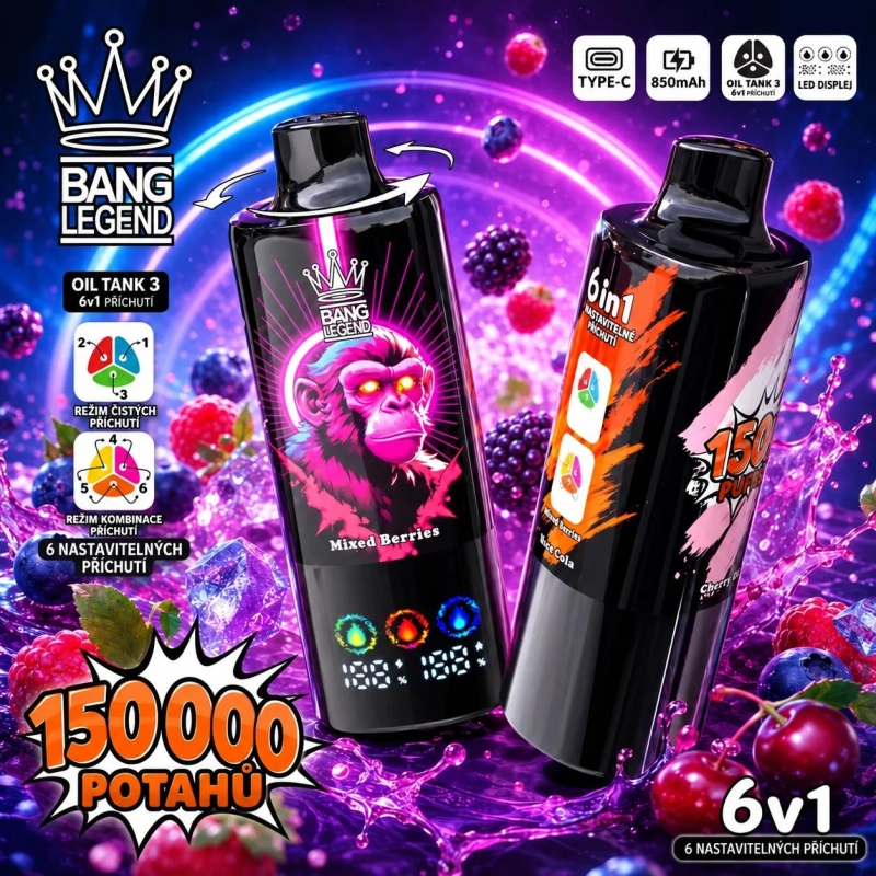 Růžová jednorázová vape BANG LEGEND 150K 6v1 s příchutěmi Strawberry Kiwi a Blackberry