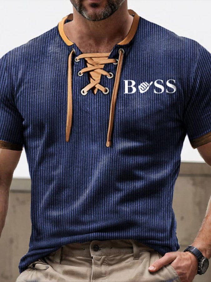 T-shirt casual para homem com letras contrastantes com cordões