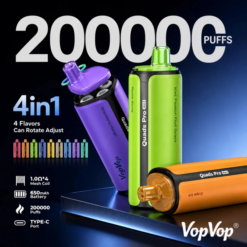 VopVop Quads Pro 200000 Slukk eldobható vape 4 íz egy eszközben, mesh coil technológiával és LED kijelzővel Magyarországra