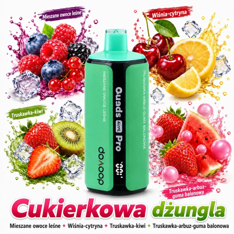 VopVop Quads Pro 200000 – K5 Musujące lody, 4 smaki: cytryna-lime, lody truskawkowe, malina-arbuz i wiśnia musująca