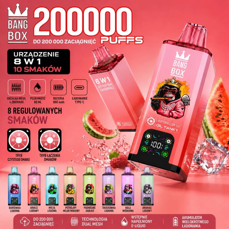 Bang Box 200K 8 w 1 jednorazowy vape – 200 000 zaciągnięć, 10 smaków, akumulator wielokrotnego ładowania