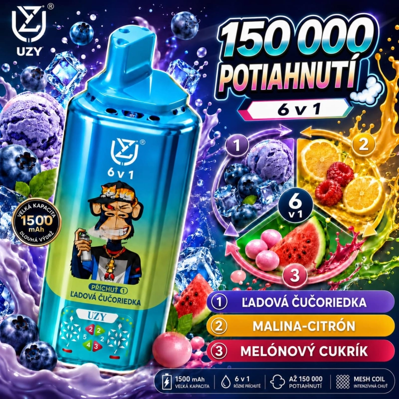 UZY 150 000 potiahnutí 6 v 1 – kombinácia príchutí ľadová čučoriedka, malina s citrónom a žuvačka z melóna