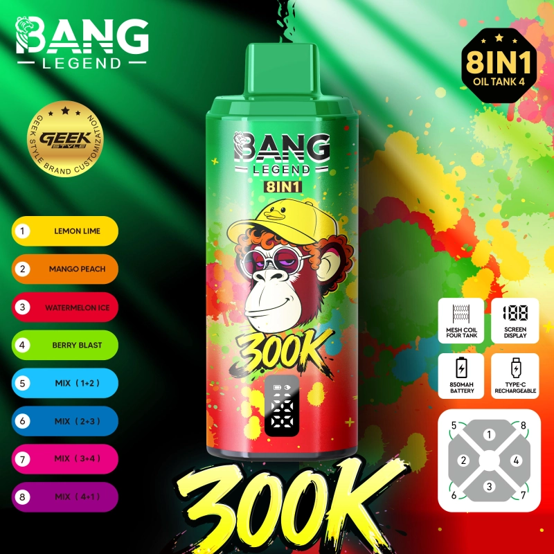 Bang Legend 300K 8-in-1 Flavors Disposable Vape – Több ízű, 300 000 szippantásos élmény4. alma körte+eper mangó+eper görögdinnye+áfonya jég