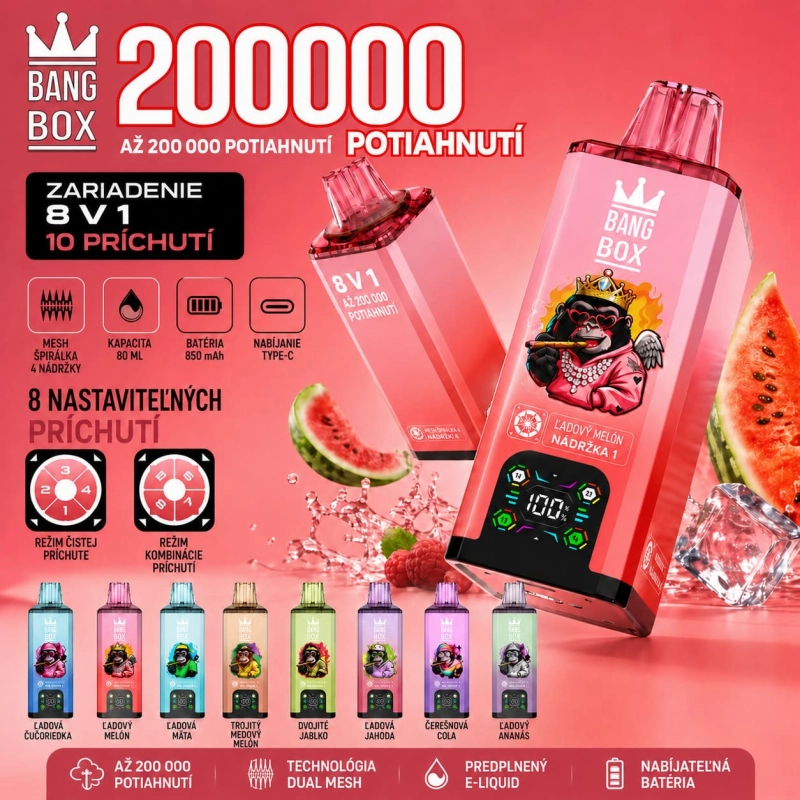 Bang Box 200 000 potiahnutí 8 v 1 vape s ovocnými príchuťami Dual Mesh LED displej USB-C Slovensko