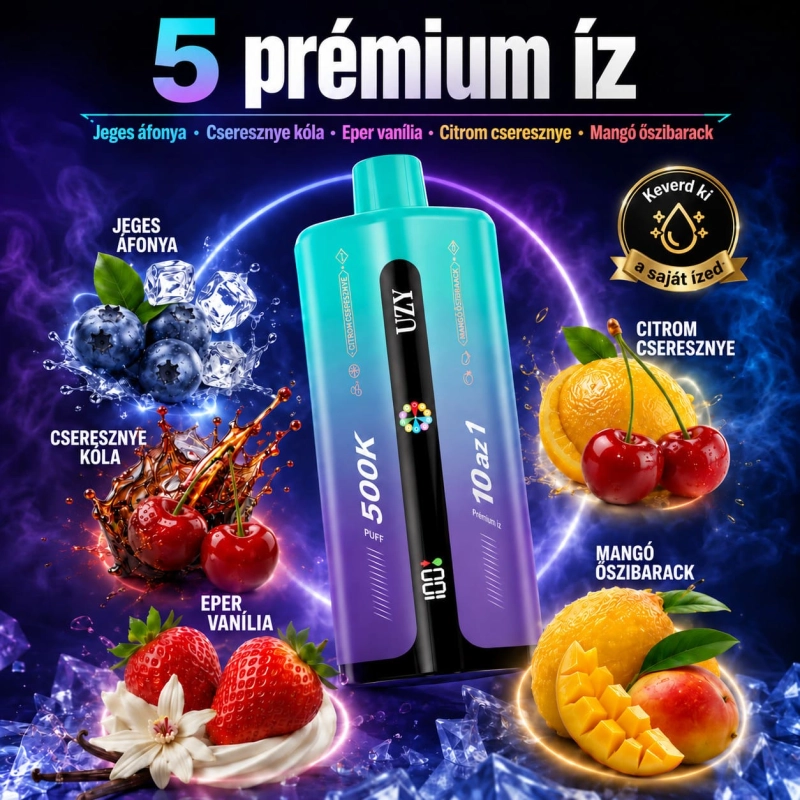 UZY 500K vape 5 ízzel – jeges áfonya, cseresznyés kóla, epres vanília, citrom-cseresznye, mangó-őszibarack