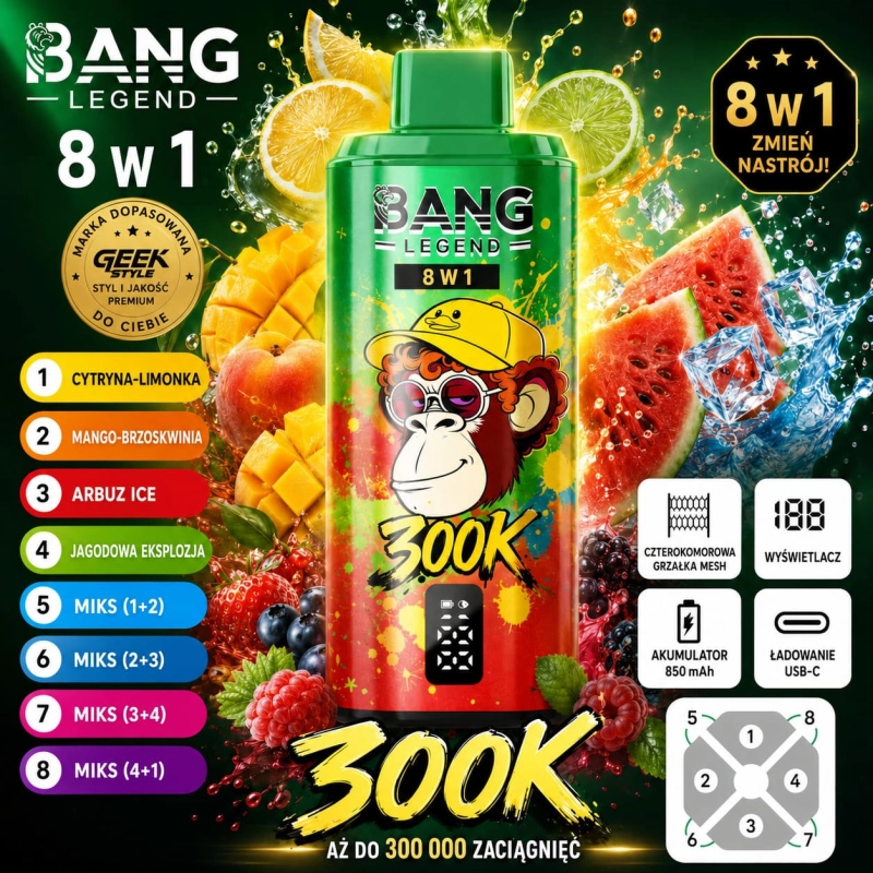 Bang Legend 300K 8w1 jednorazowy vape – Letni Nastrój, Mango Ice, Love 66, Kwaśne Mango-Ananas