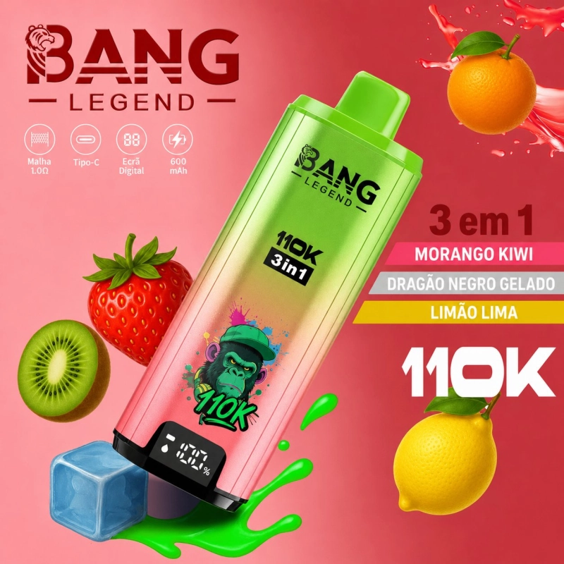 Bang Legend 110000 Puffs Vape Descartável, Sabor Morango Kiwi e Limão