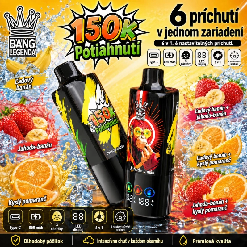 Bang Legend 150K 6v1 – príchute ľadový banán, jahoda-banán a citrón-limetka