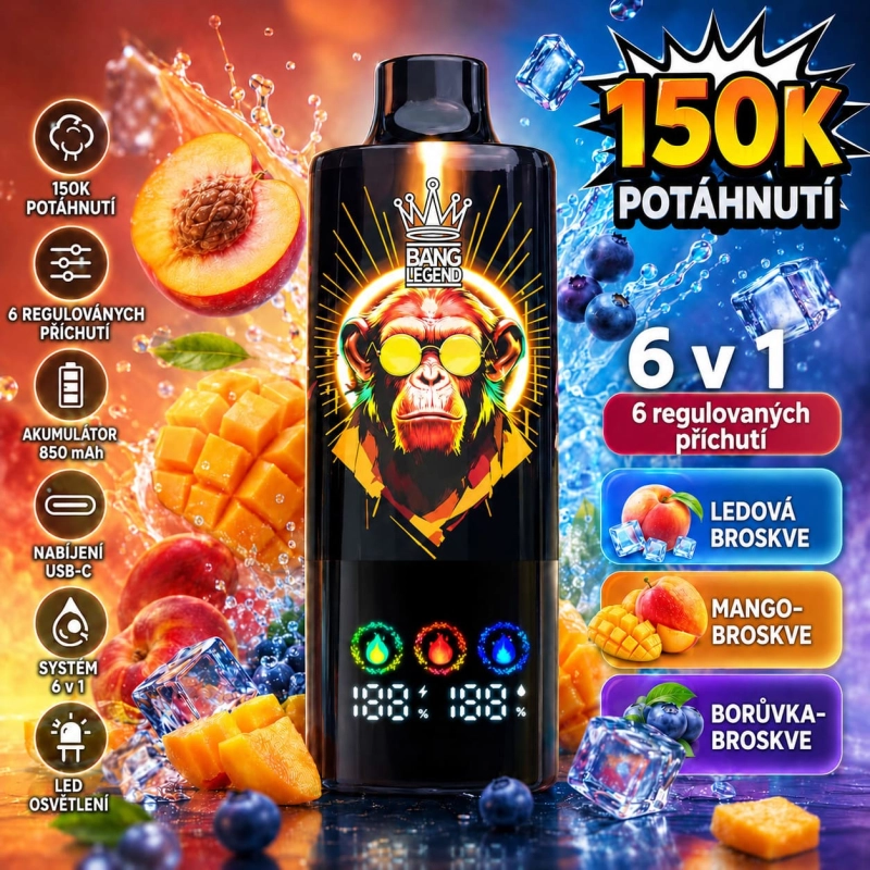 Bang Legend 150K 6 v 1 – ledová broskev, mango s broskví a borůvka s broskví