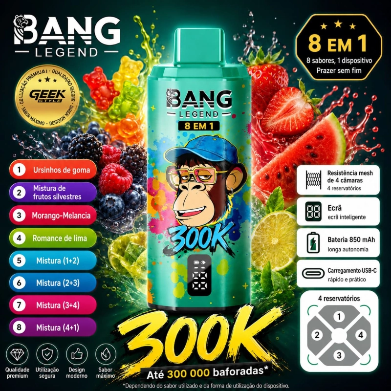 Bang Legend 300K 8 em 1 com Ursinhos de Goma, Frutos Silvestres, Morango, Melancia e Romance de Lima