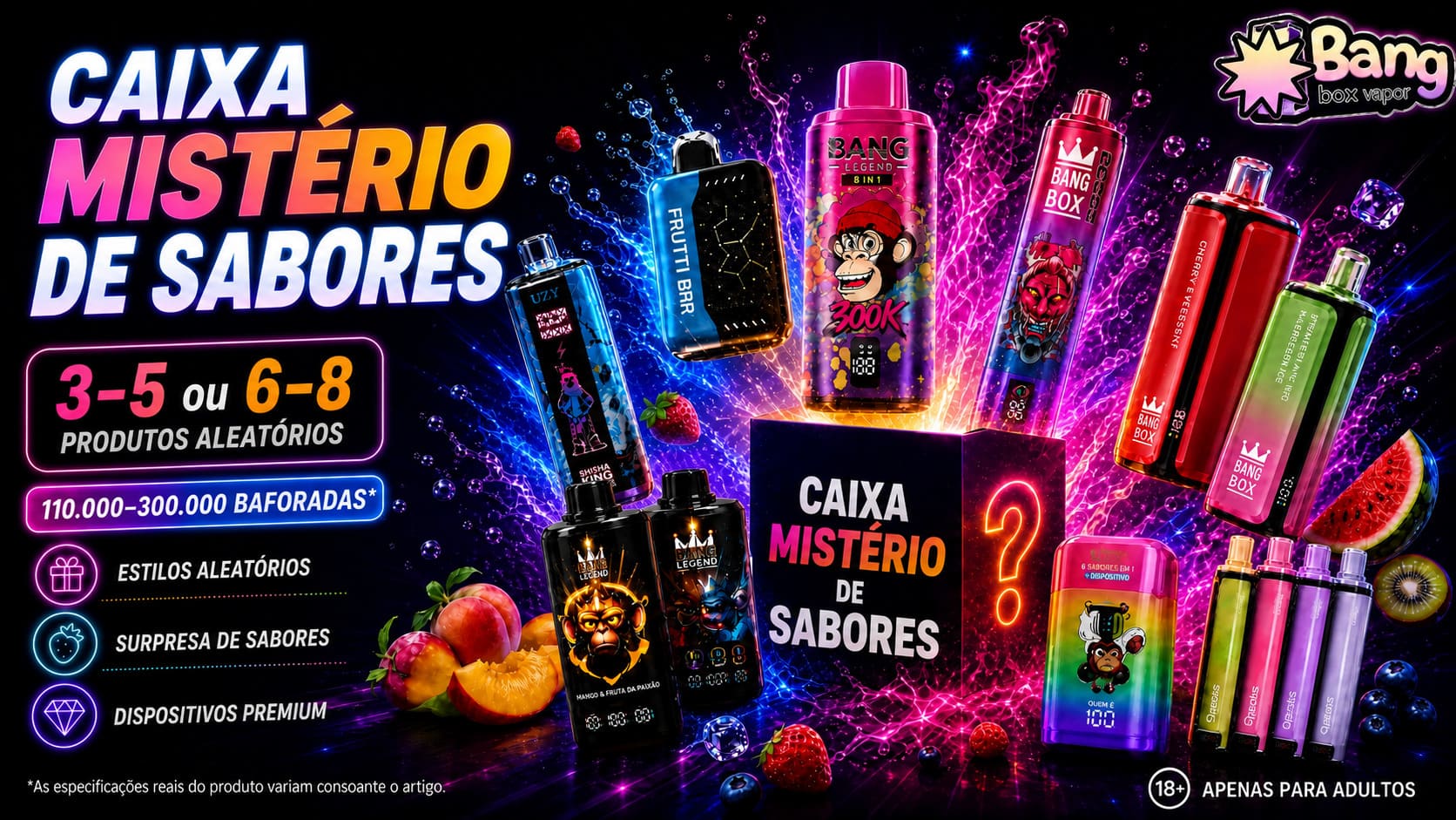 Mystery Box Bangbox-Vapor com 3–5 ou 6–8 produtos aleatórios, sabores surpresa e 110 000 a 300 000 baforadas