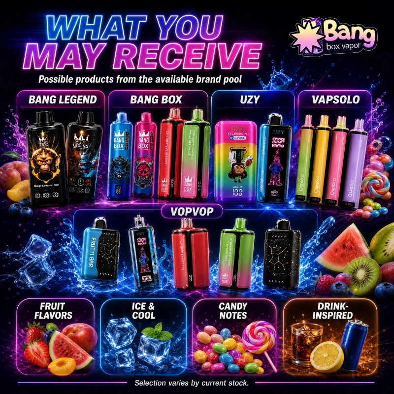 Mystery Vape Box product selection with assorted random devices, brands and flavor options