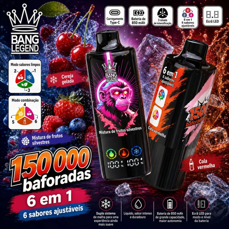 Vape descartável 150K sabor Cereja e Cola com cereja gelada, frutos vermelhos e cola vermelha, experiência doce e refrescante