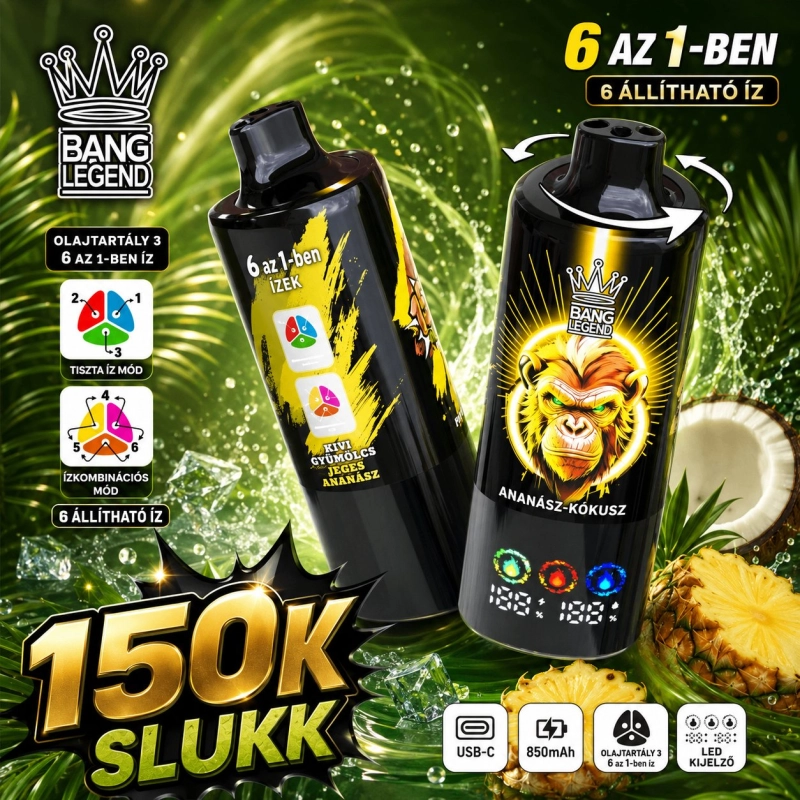 Bang Legend 150K 150000 slukkos eldobható e-cigaretta, ananász kókusz ízben