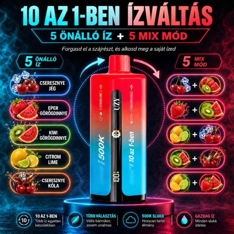 UZY 500K 10 az 1-ben vape édes, citrusos és hűsítő ízkombinációval
