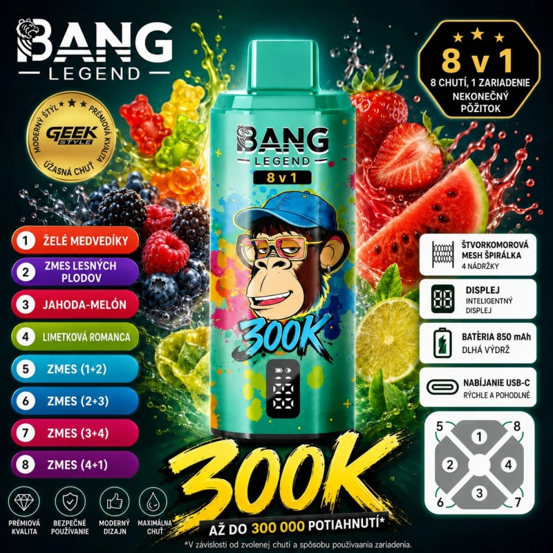 Bang Legend 300K 8v1 príchuť Pitaya Fresh Mix – pitahája, jablko, kiwi, limetka a čučoriedka vape