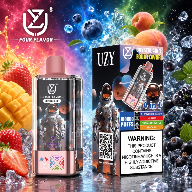 UZY 100K 4 az 1-ben eldobható vape – eper-mangó, Mr. Blue, nyári őszibarack jég és fekete jég ízkészlet