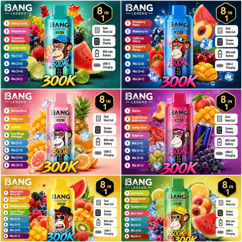 Bang Legend 300K 8-in-1 vape collection with 12 flavor series and colorful rechargeable device designs