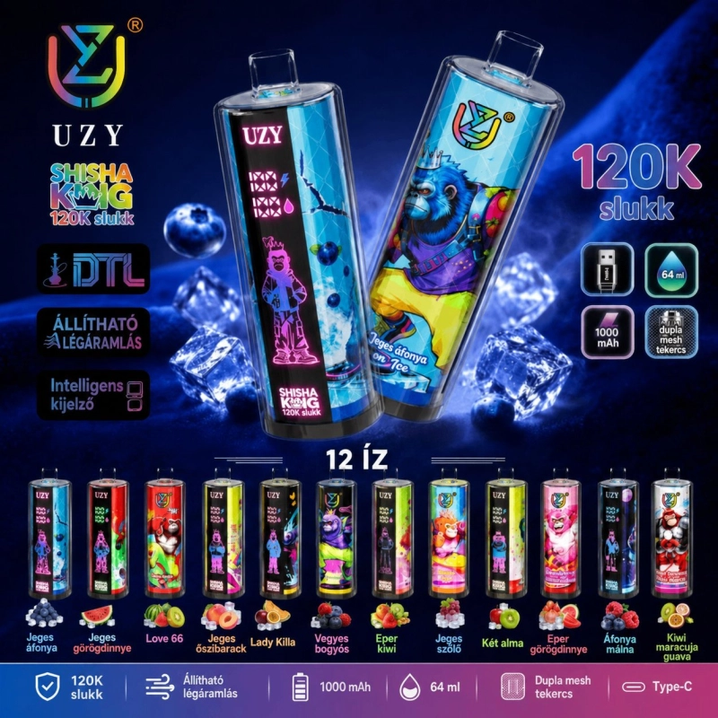 UZY Shisha King 120000 slukk eldobható vape, különböző ízek