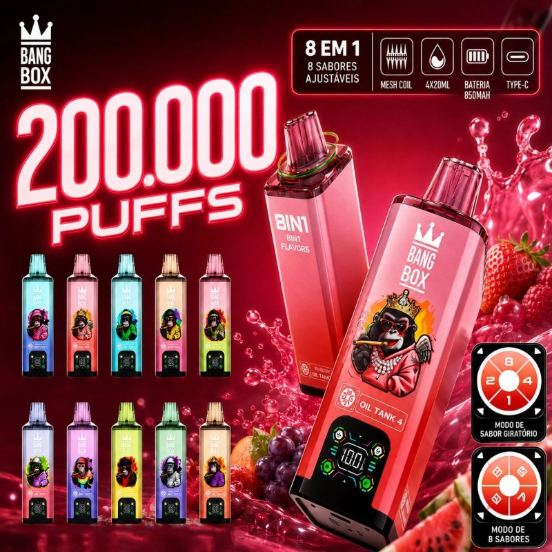 Bang Box 8 em 1 200000 Puxadas Vape Descartável, Sabores Ajustáveis