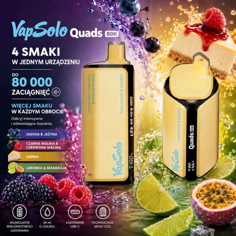 Vapsolo Quads 80K smaki – borówka, czarna porzeczka, jeżyna i limonka marakuja